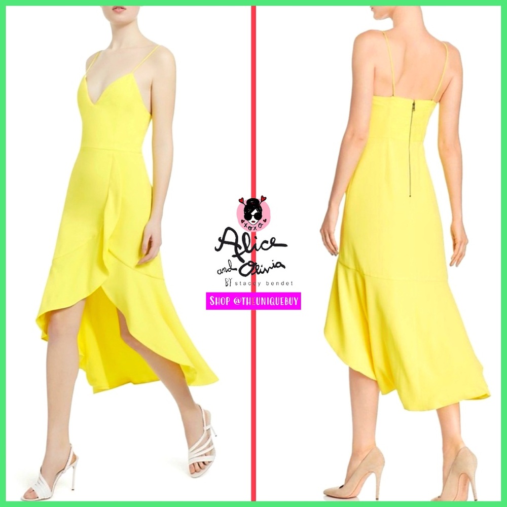Alice + Olivia Cobi Bright Yellow Sweetheart Ruffled Midi Dress
